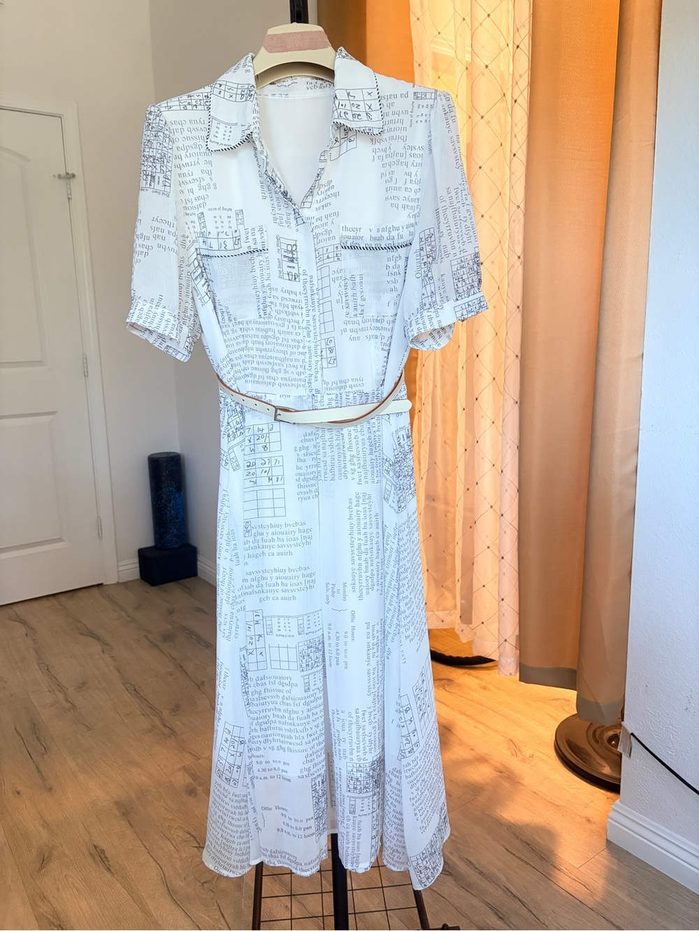 White Newspaper Print Shirt Dress,belt is not included